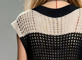 Summer Fashion Striped Knit Beach Cover up Dress Sleeveless V Neck Hollow Out Bikini Swimsuit Cover for Resort Wear
