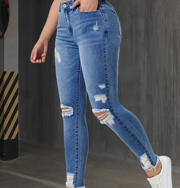 Wholesale Plus Size Women Light Blue Denim Pencil Pants Casual Elegant High Waist Skinny Jeans Button Elastic Summer Washed