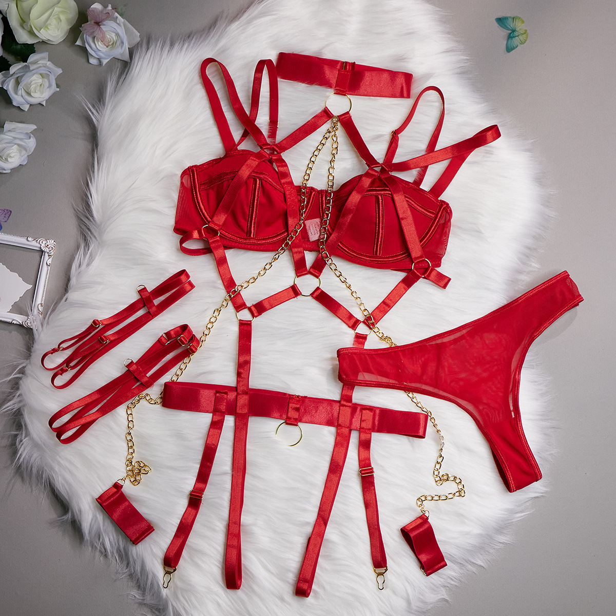 Cheap Sexy Strappy Teddy Bandage Mesh Bra and Panty Chain Sleepwear Clubwear Factories, Company