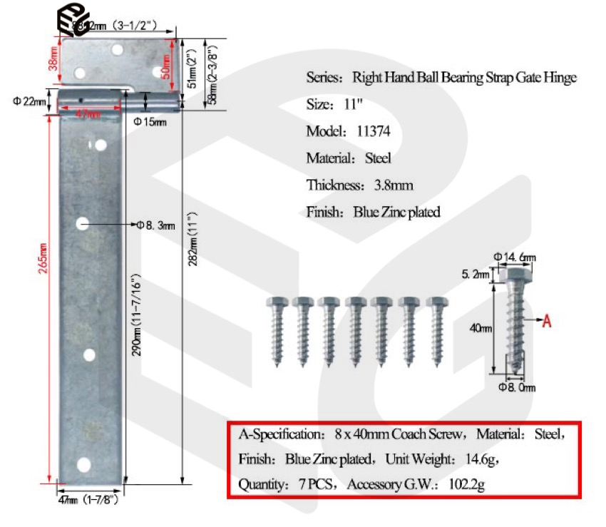 11 Inch Mechanical Galvanized Right Hand Ball Bearing Strap Hinge for Heavy Wooden Gate
