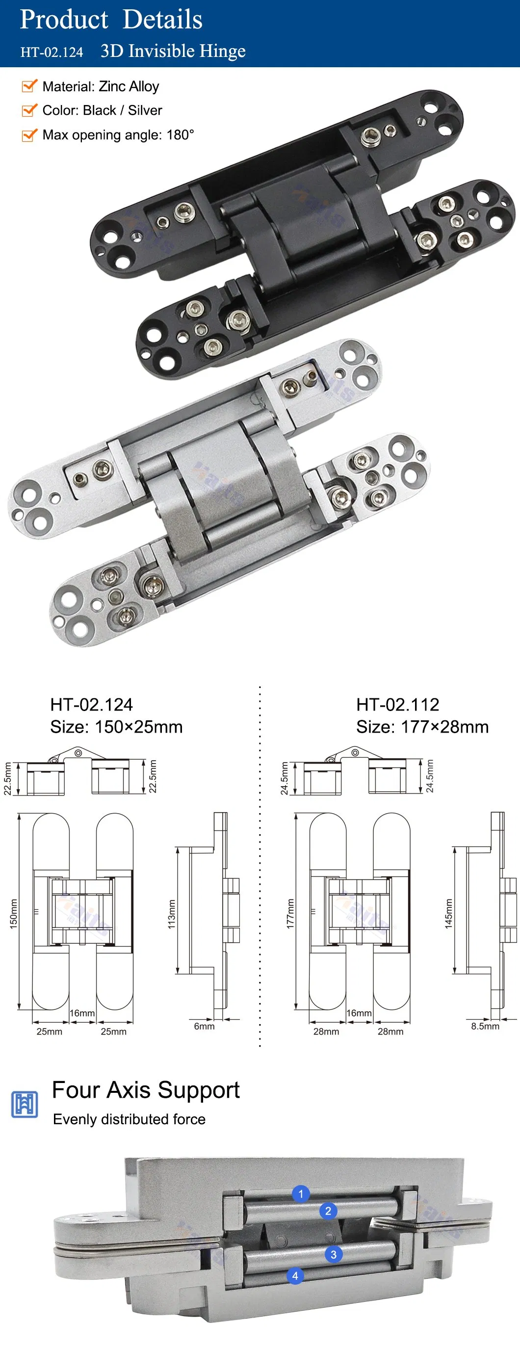 Invisible Concealed Gate Hinge 3D Adjustable Heavy Duty for Wooden Door