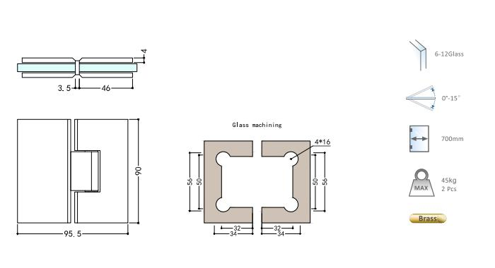 Glass Door Hinges with Spring Solid Brass Chrome 180° Shower Door Hinge Narrow Rectangular Glass Clip