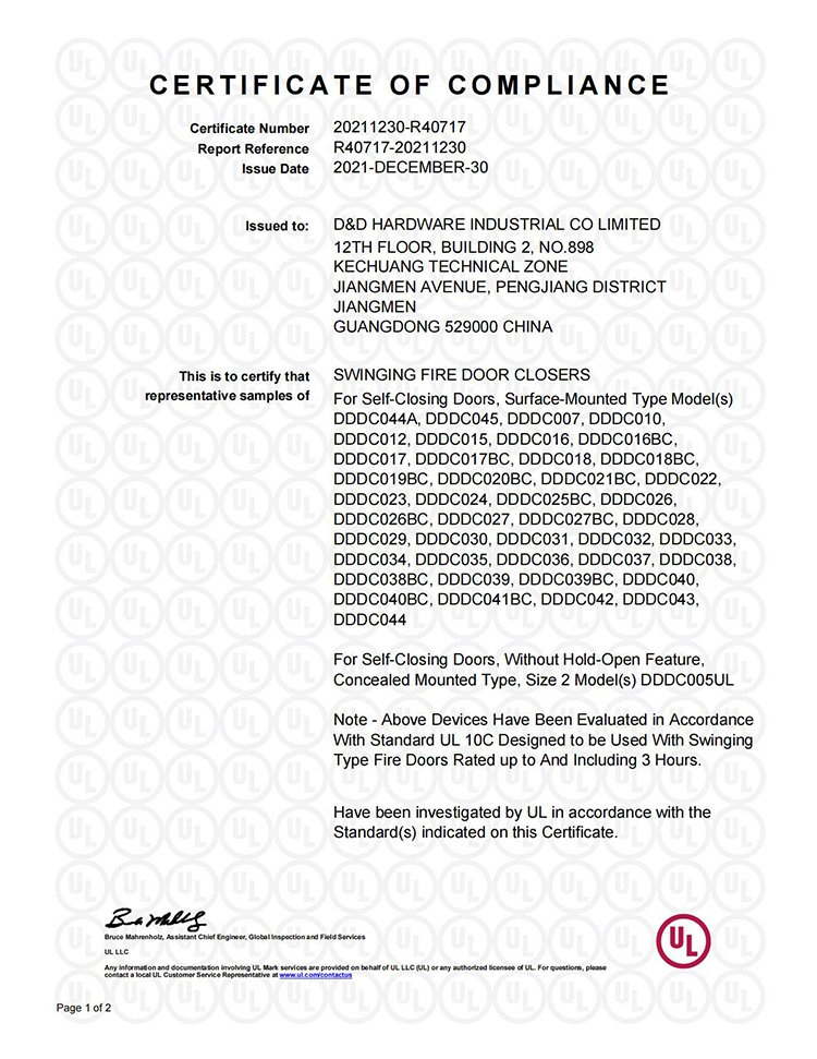 Fire Rated UL Automatic Door Closer for Emergency Exit Door