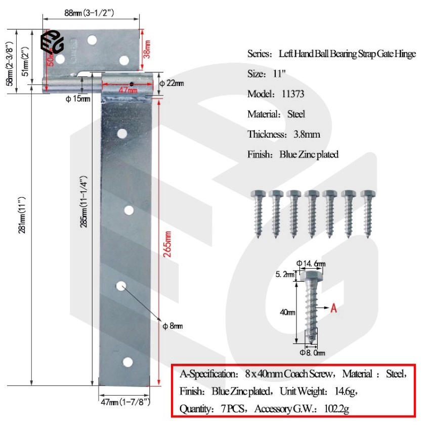 11 Inch Mechanical Galvanized Right Hand Ball Bearing Strap Hinge for Heavy Wooden Gate