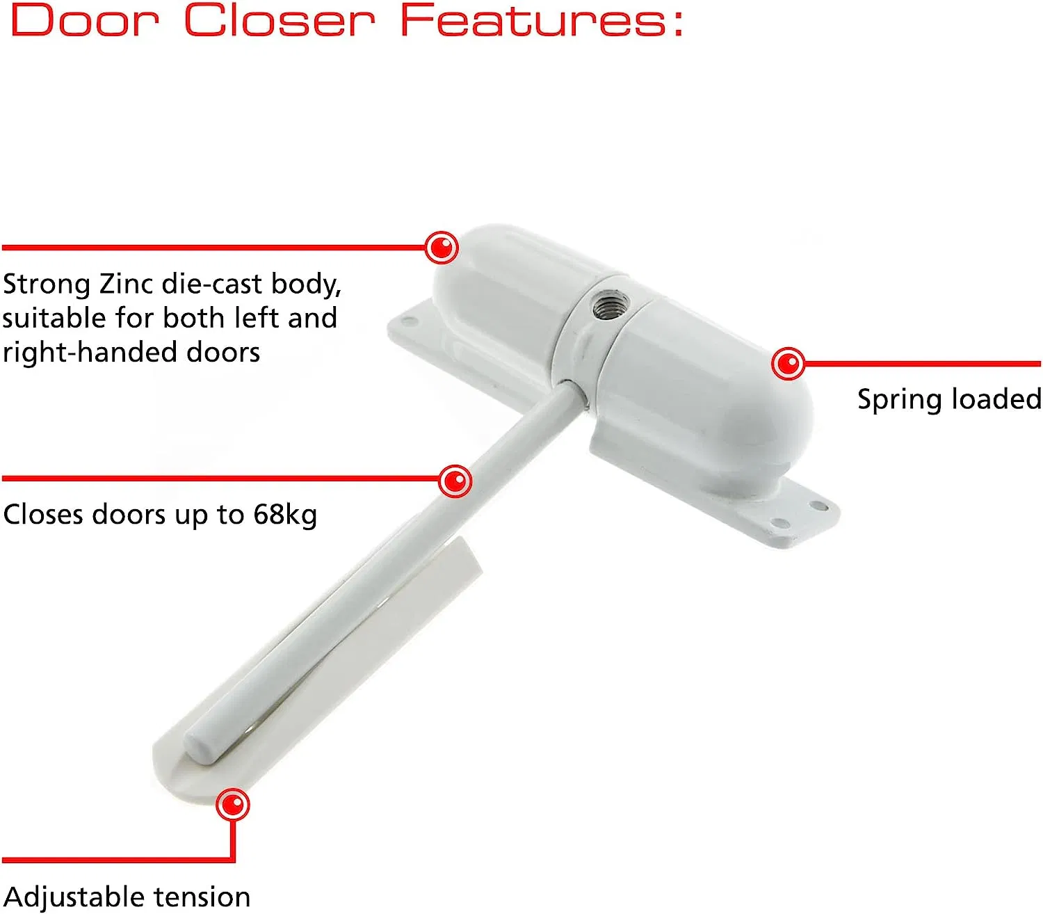 Surface Mounted Door Closer White Spring Loaded Adjustable Automatic Fire Rated