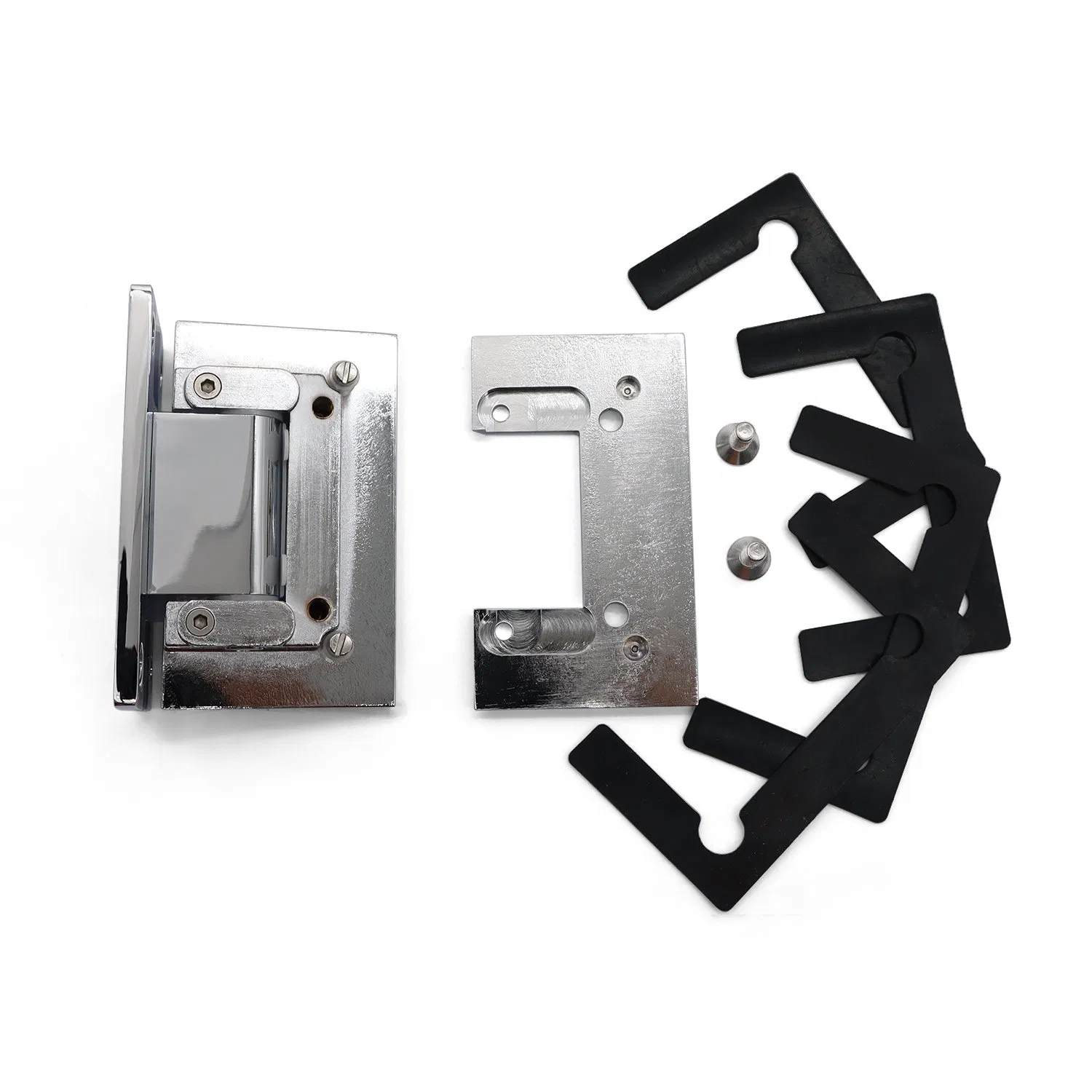 Shower Enclosure Chrome Door Hinge for Glass Door in Bathroom Showcase, Glass Fitting Isolated on a White Closeup