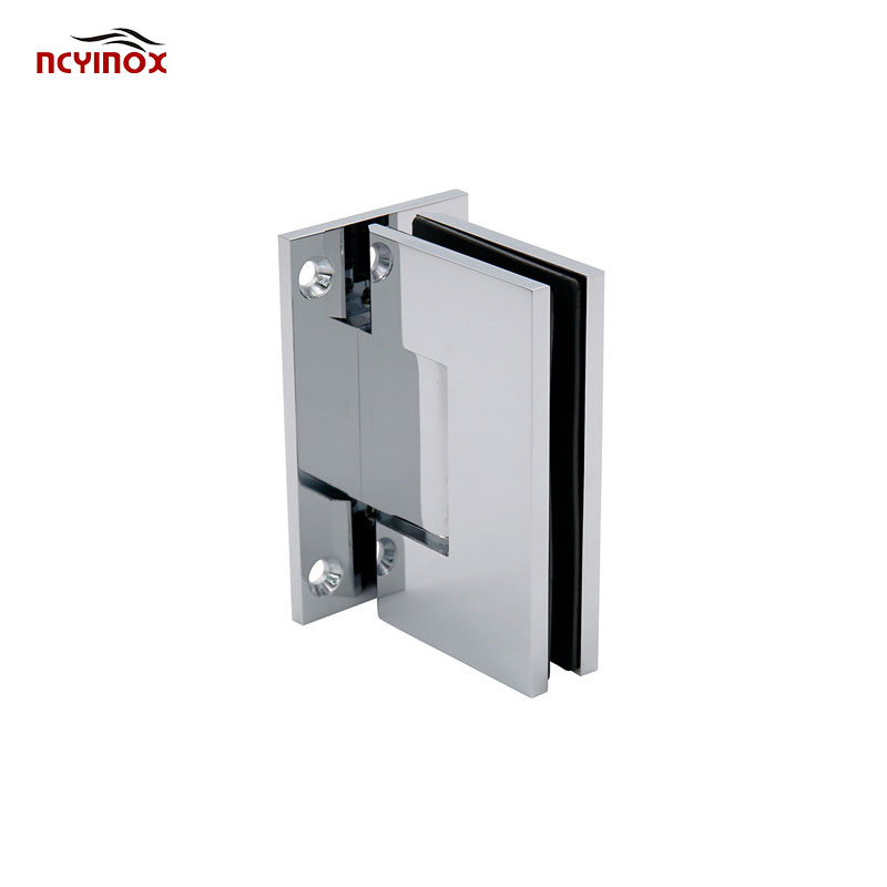 Shower Enclosure Chrome Door Hinge for Glass Door in Bathroom Showcase, Glass Fitting Isolated on a White Closeup