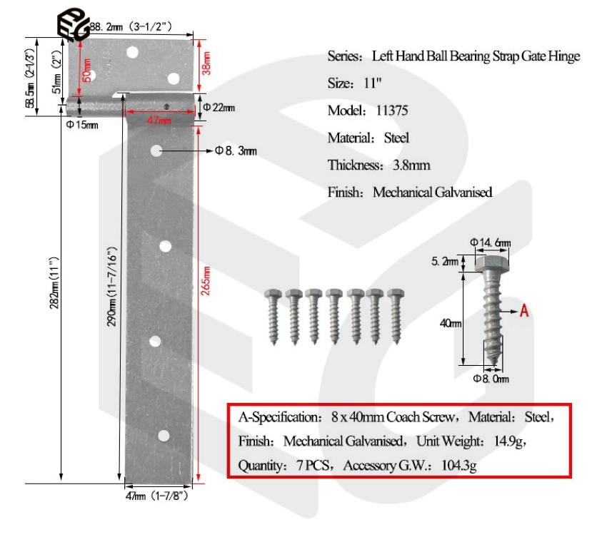 11 Inch Mechanical Galvanized Right Hand Ball Bearing Strap Hinge for Heavy Wooden Gate