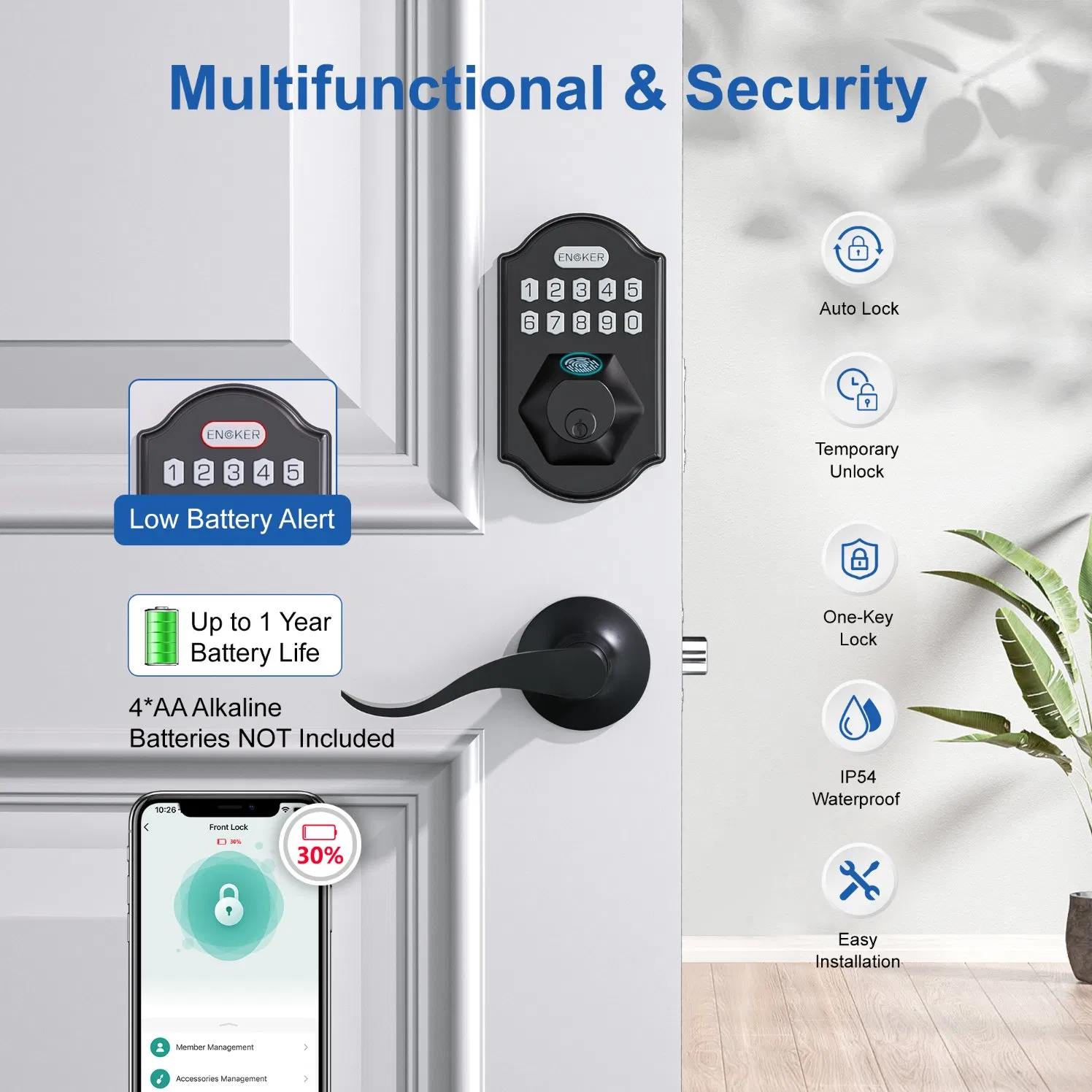 Home Security Keyless Entry WiFi Tuya APP Control Fingerprint Pin Code IC Card Biometric Smart Physical Digital Keypad Door Lock with Handle Set