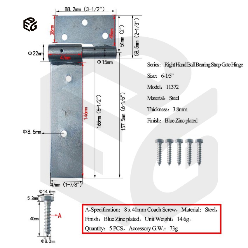11 Inch Mechanical Galvanized Right Hand Ball Bearing Strap Hinge for Heavy Wooden Gate