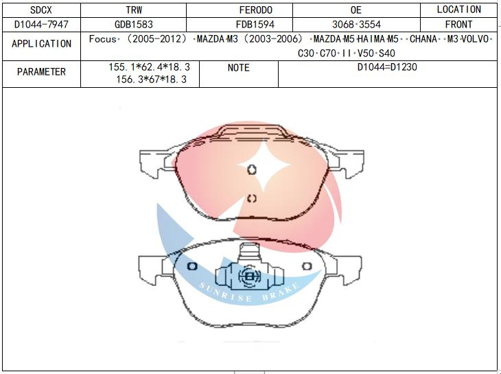 Sdcx 1223682 D1044 China Factory Automobile Ceramic Disc Front Brake Pads for Volvo