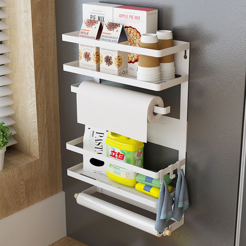 Wall-Mounted No-Drill Magnetic Refrigerator Shelf, Kitchen Side Storage Organizer for Spices, Plastic Wrap and Utensils