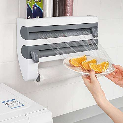 4-in-1 Paper Clothes Hanger, Plastic Wrap Storage Rack, Film Roll Cutter, Wall-Mounted Plastic Kitchen Towel Dispenser, Plastic Wrap