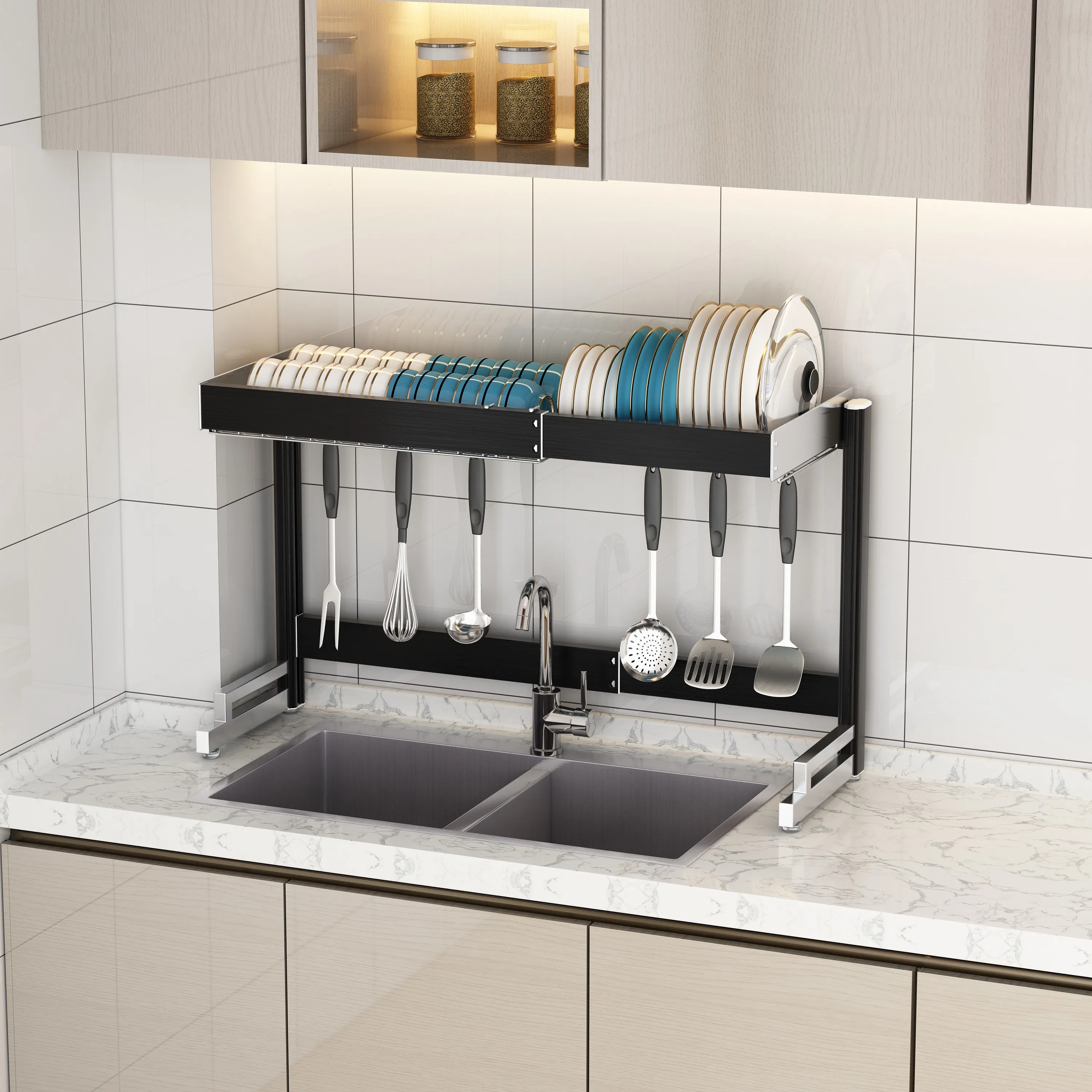 Factory High Quality Single-Tier Above-Sink Plate Bowls Storage Drainage Organization Dish Rack Drainer with Cutlery Holder