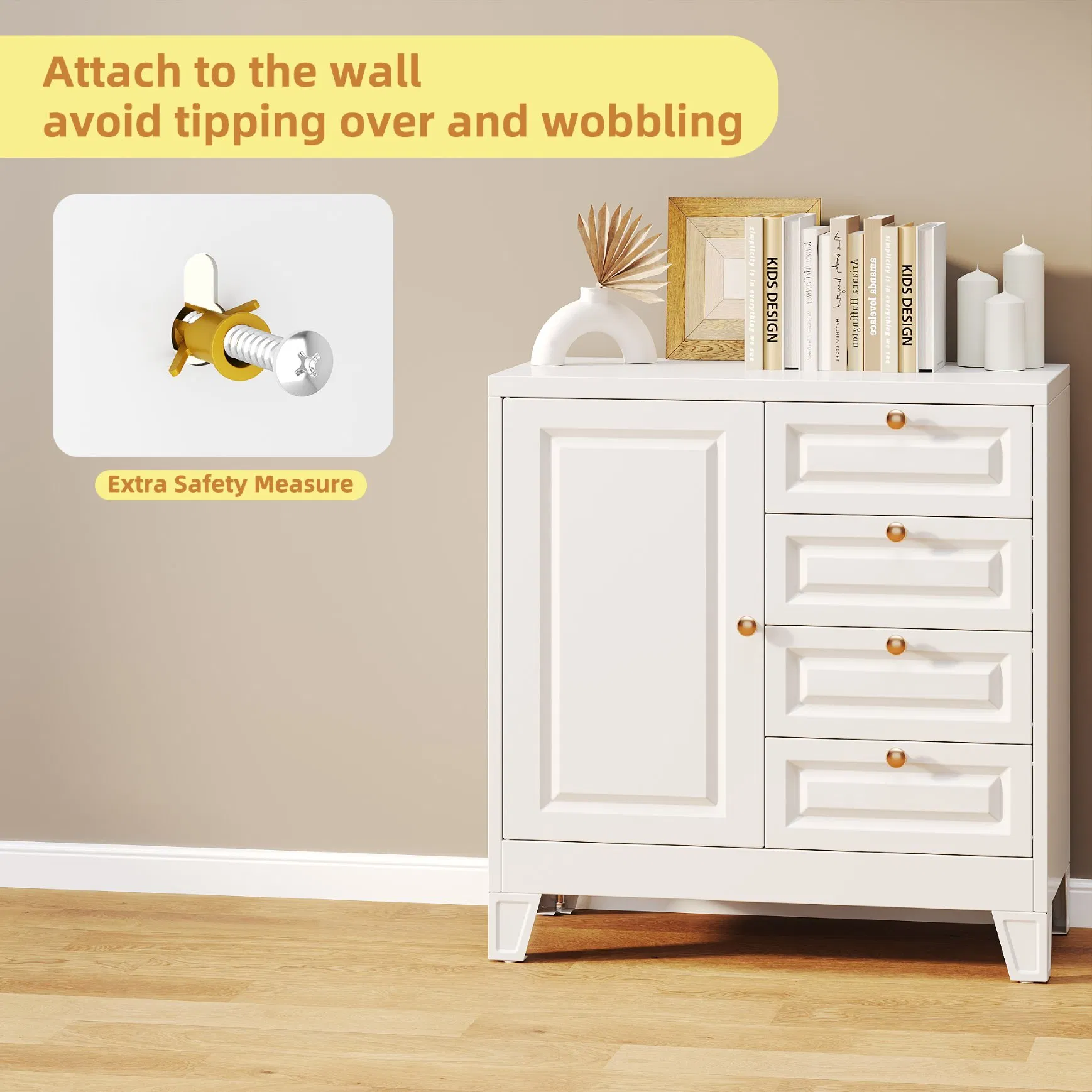 White Cabinet with Lockable Storage Durable Metal Construction for Pantry Organization and Food Storage Solutions