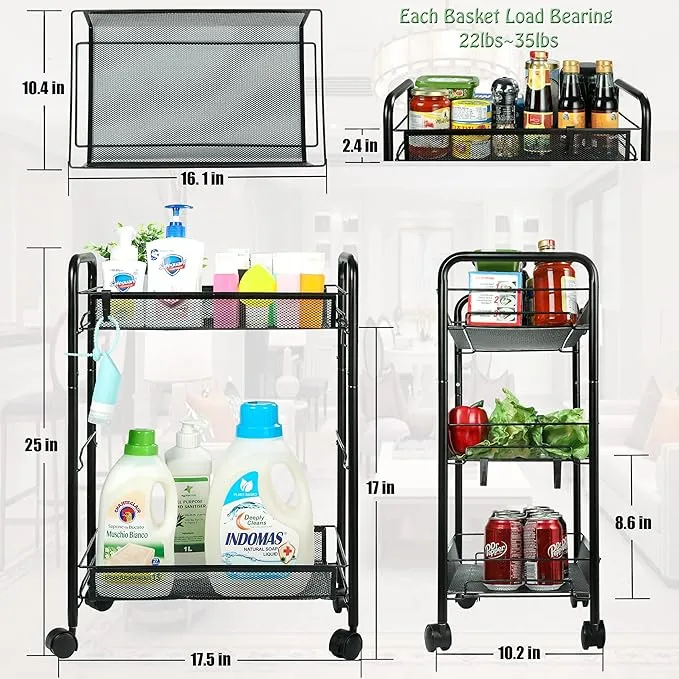 3 Tier Metal Rolling Cart Kitchen