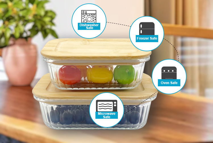 4-Piece Rectangle Bamboo-Lid Glass Food Keepers, Shatterproof Borosilicate, Dishwasher Safe, Decorative Stripes, Ideal for Pantry Storage