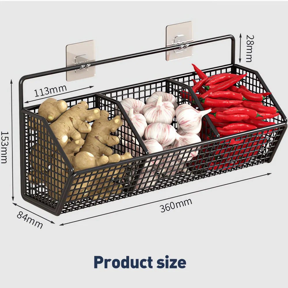 Wall-Mounted Metal Kitchen Storage Rack with Hanging Basket for Spices