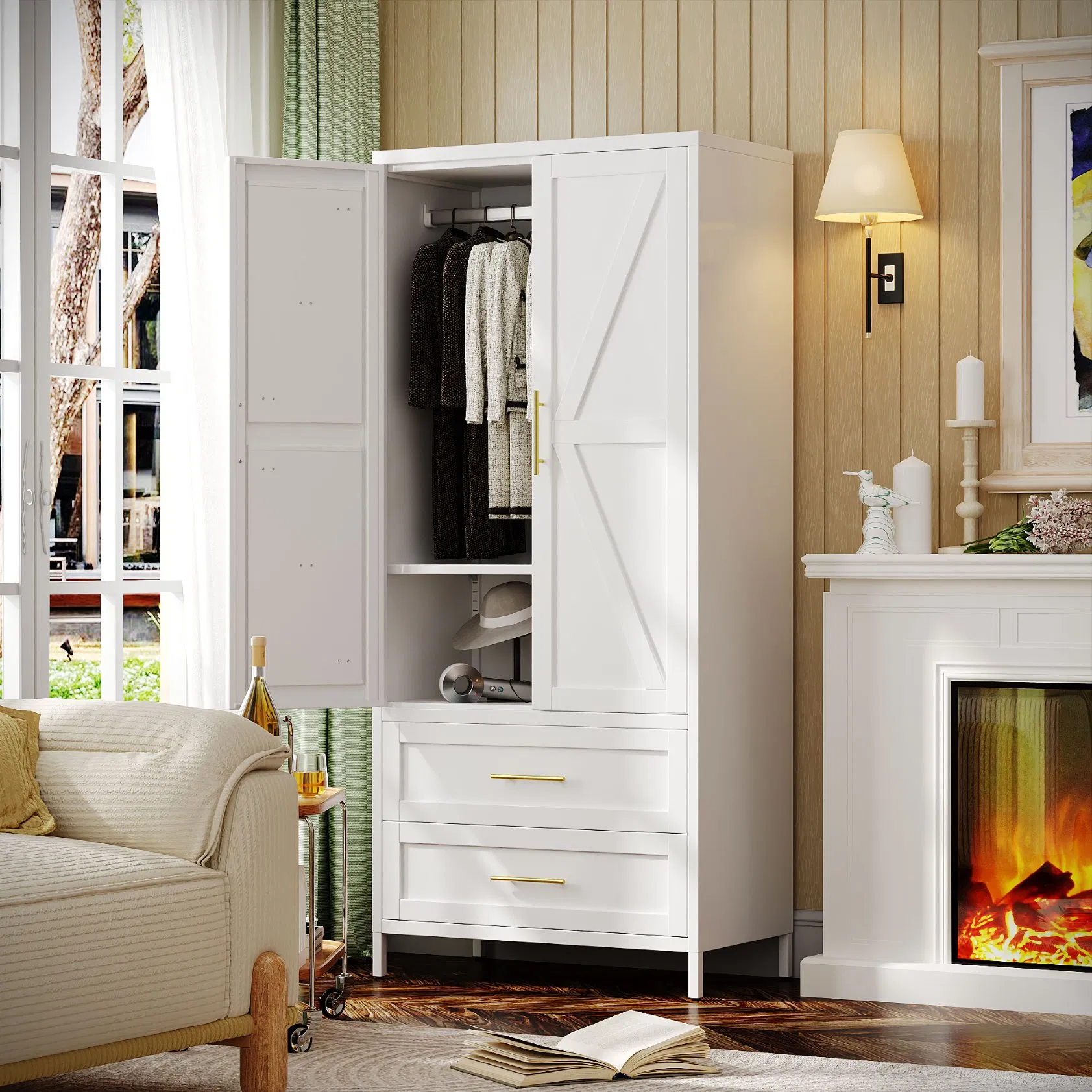 Living Room Cabinets 2 Drawer Metal Pantry Storage Wardrobe with Shelves