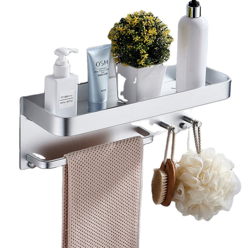 Wall-Mounted Hole-Free Bathroom Kitchen Hook Rack with Suction, Aluminum Towel Shelf, Cosmetic Storage, and Toilet Rack