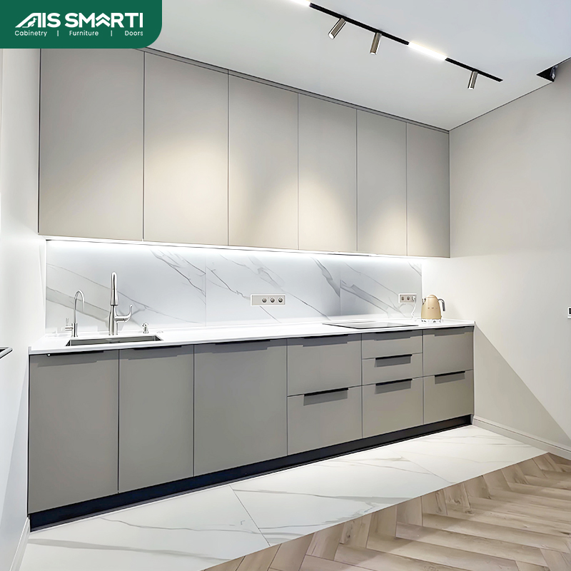 AIS 2025 China White Modular Wooden Designs Smart Grey Pet Kitchen Cabinet Storage with Handles Kitchen Furniture Wholesale Organizer