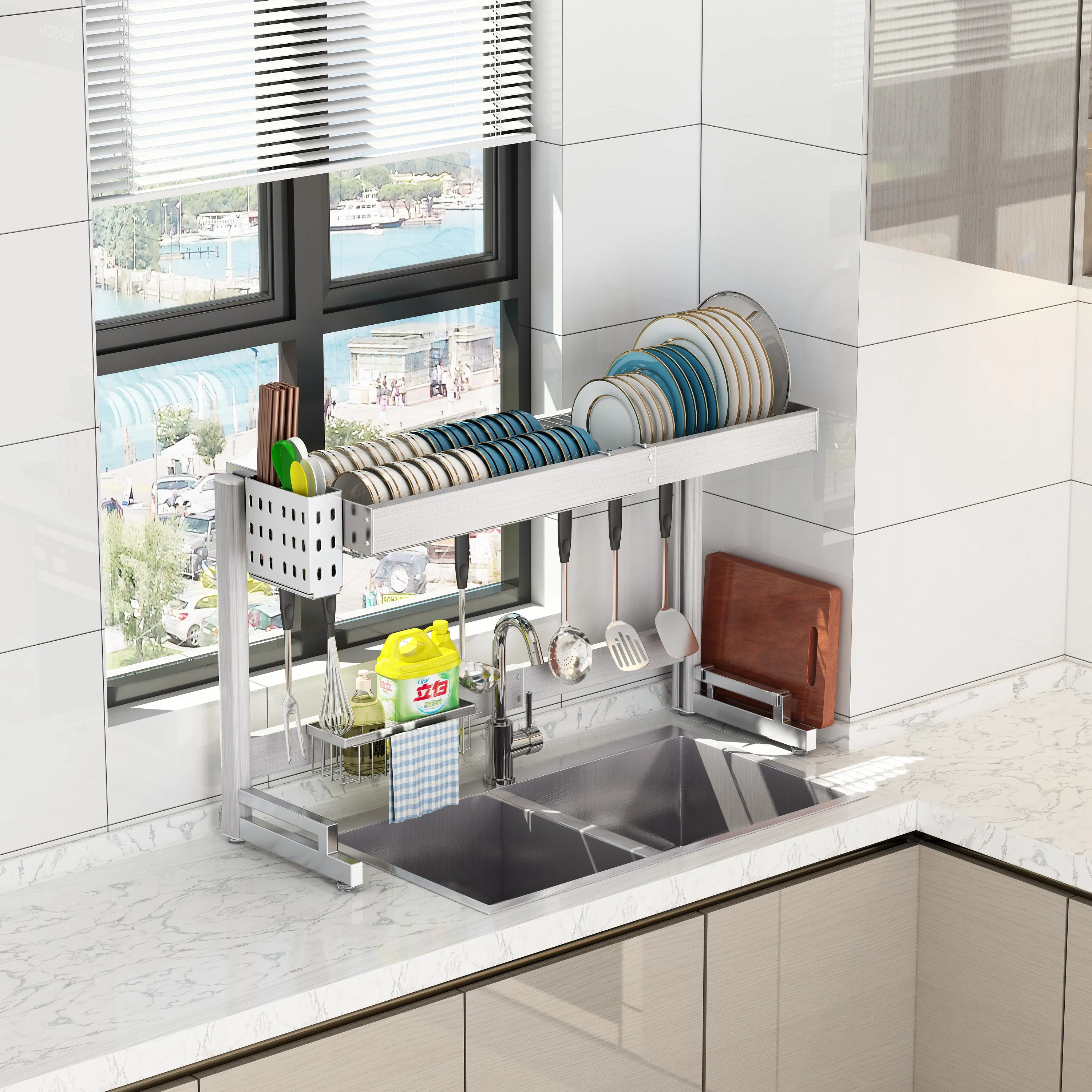Factory High Quality Single-Tier Above-Sink Plate Bowls Storage Drainage Organization Dish Rack Drainer with Cutlery Holder