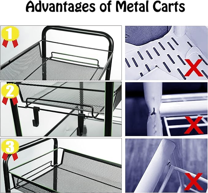 3 Tier Metal Rolling Cart Basket Kitchen Trolley Storage