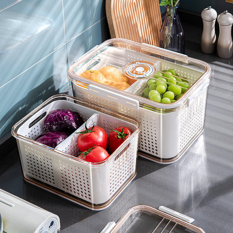 Stackable Fruit and Vegetable Storage Containers with Drain Tray and Partitions