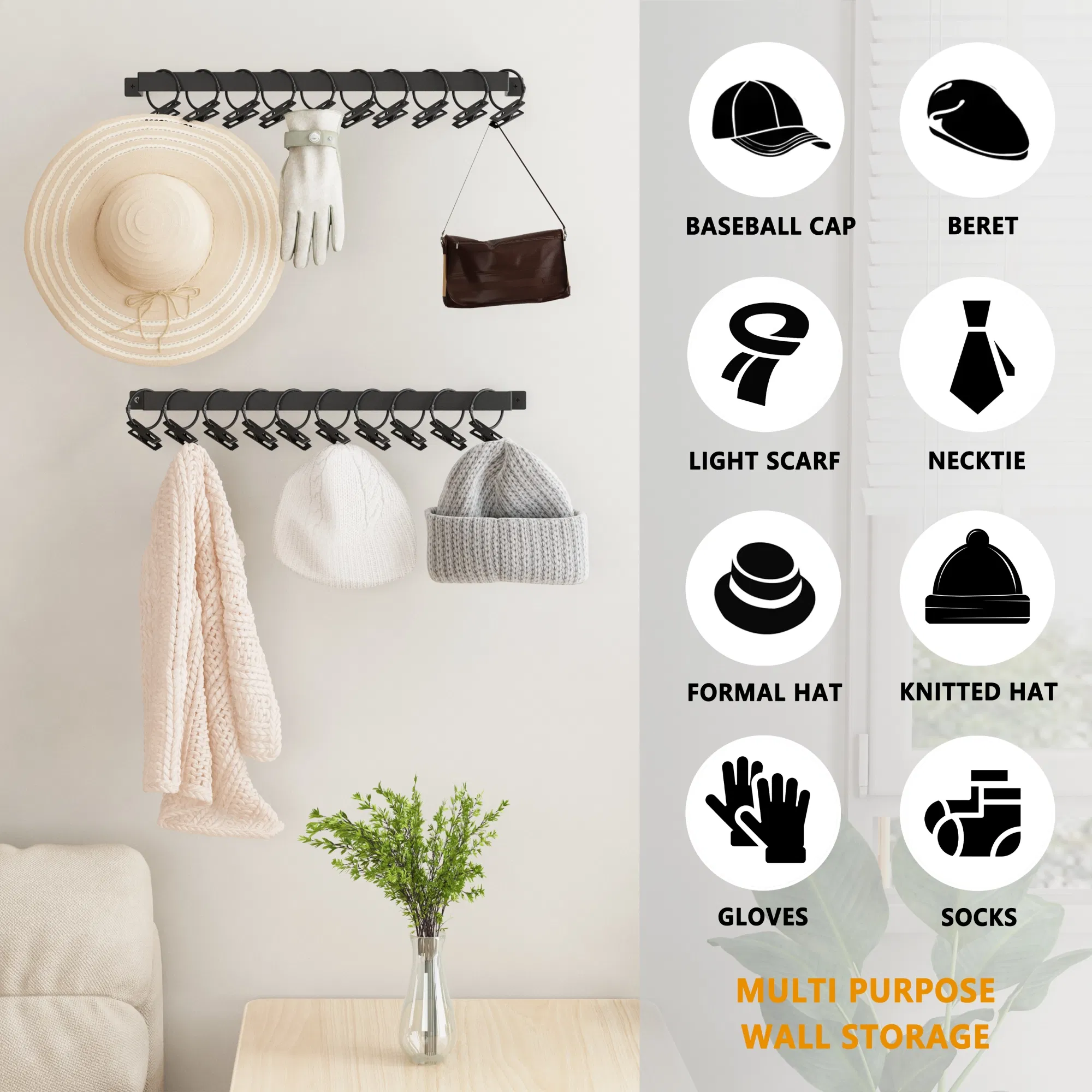 Stylish Black Metal Hat Hanger Cap Hook Rack Wall Mount Organizer Set of 2