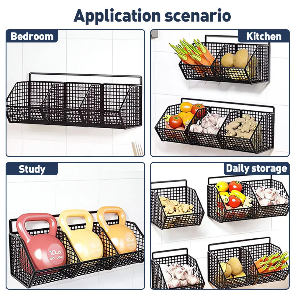 Wall-Mounted Metal Kitchen Storage Rack with Hanging Basket for Spices