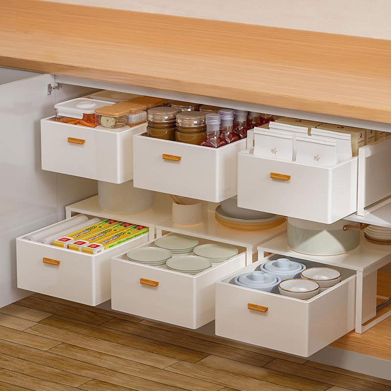 Seasoning &amp; Dish Storage Box with Slide Rail for Kitchen Drawer