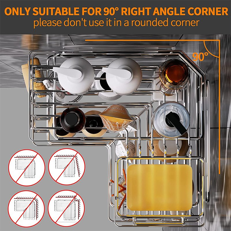 2 Pack SUS304 Stainless Steel Wall Mounted Bathroom Kitchen Bath Shower Shelf Corner Storage Rack with Soap Holder