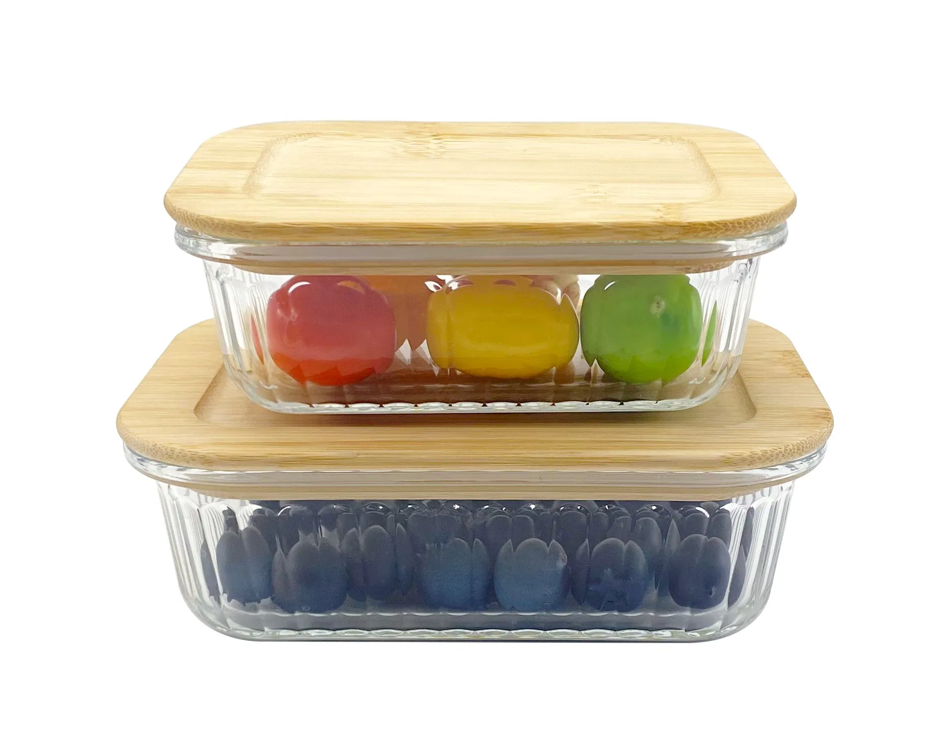 4-Piece Rectangle Bamboo-Lid Glass Food Keepers, Shatterproof Borosilicate, Dishwasher Safe, Decorative Stripes, Ideal for Pantry Storage