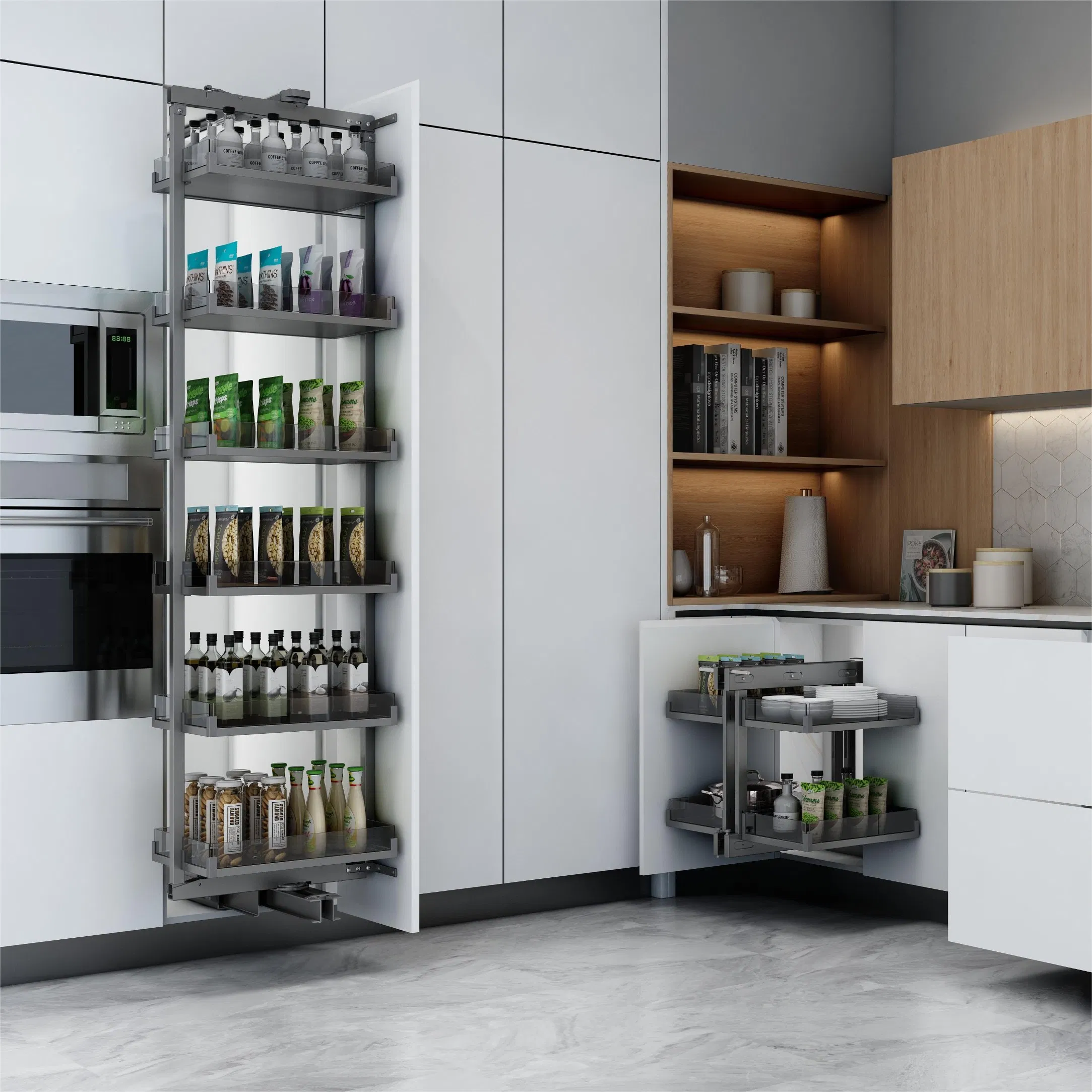 Aluminium Frame Tempered Glass Kitchen Storage Soft Close 2 Layers Pantry