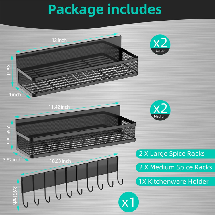Sanipro Wall Mounted Punch-Free Magnetic Refrigerator Rack Organizer Storage Shelf Kitchen Spice Racks with Metal Hooks