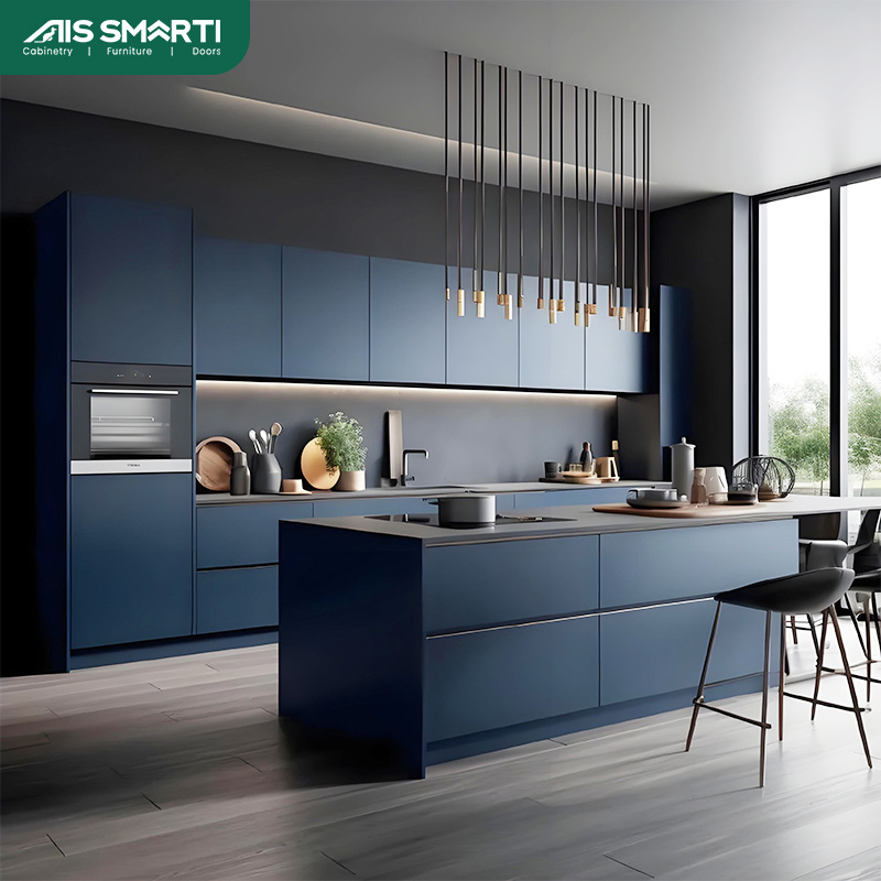 AIS 2025 Dark Blue China Modular Wooden Designs Smart Pet Kitchen Cabinet Storage with Handles Kitchen Furniture with Wholesale Organizer