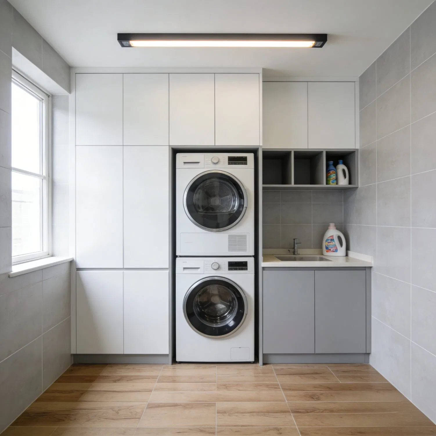 Space Saving Laundry Cabinet with Integrated Storage Design