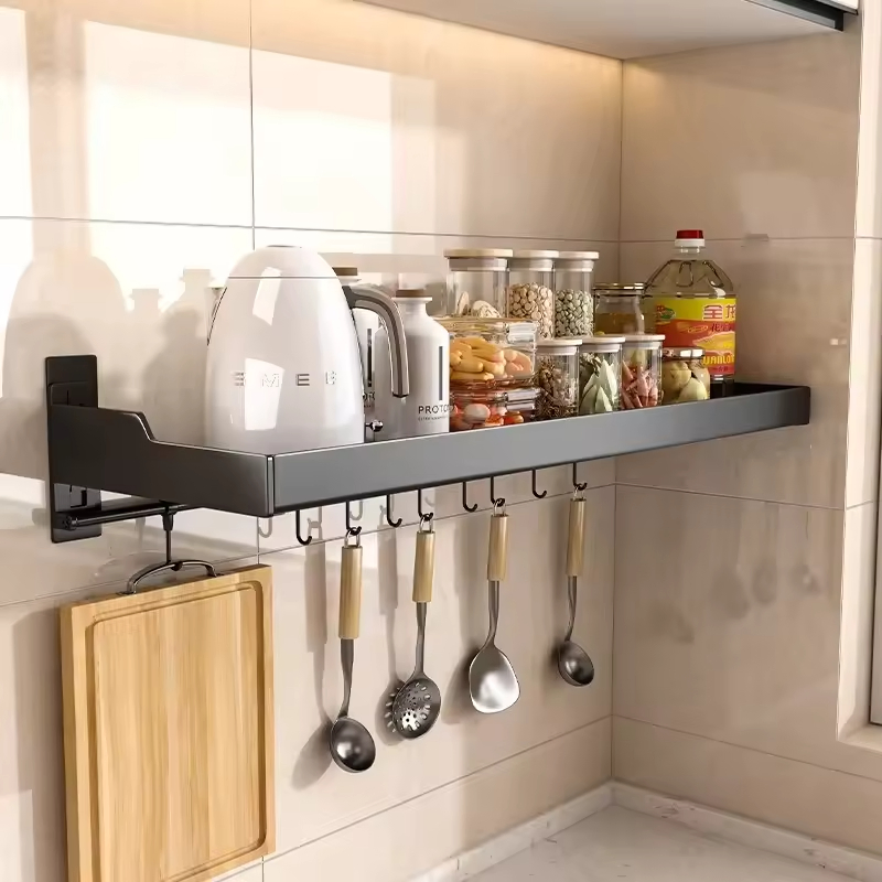 Drill-Free Wall-Mounted Spice Rack with Microwave Shelf for Modern Home Kitchen Storage