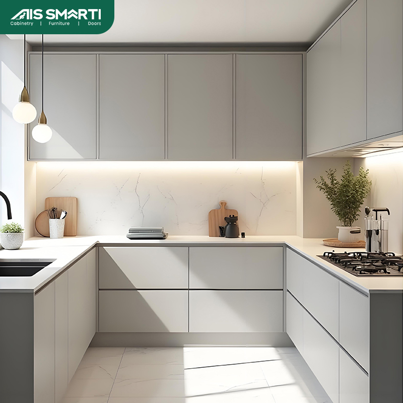 AIS 2025 China Modular Black Lacquer Wooden Designs Smart Kitchen Cabinet Storage with Handles Kitchen Furniture Wholesale Organizer