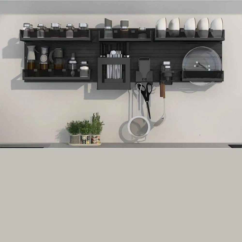 Wellmax Gray Brown Black Aluminum Multi-Functional Kitchen Wall-Mounted Suspension Hanging Adjustable Removable Storage Rack
