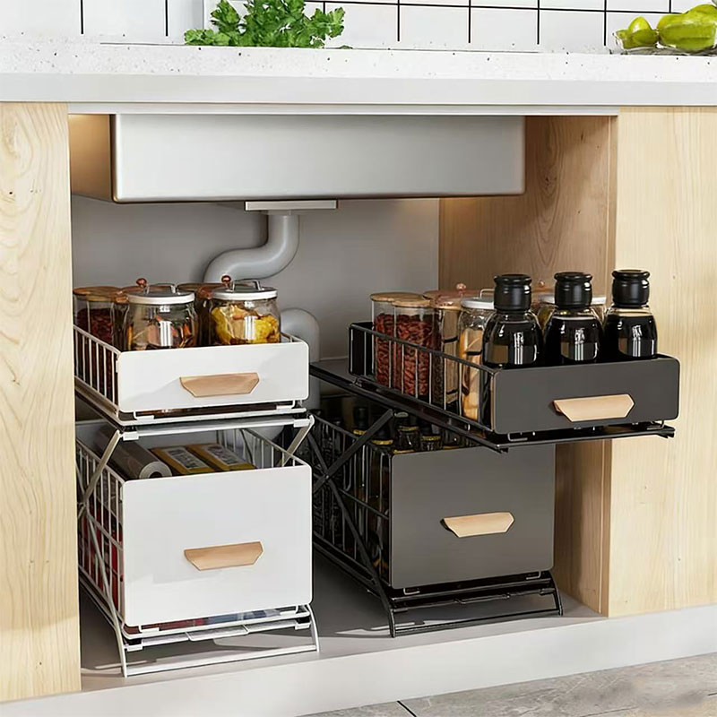 Multi-Layer Under Sink Storage, Slide out Drawer Basket, Drainabler