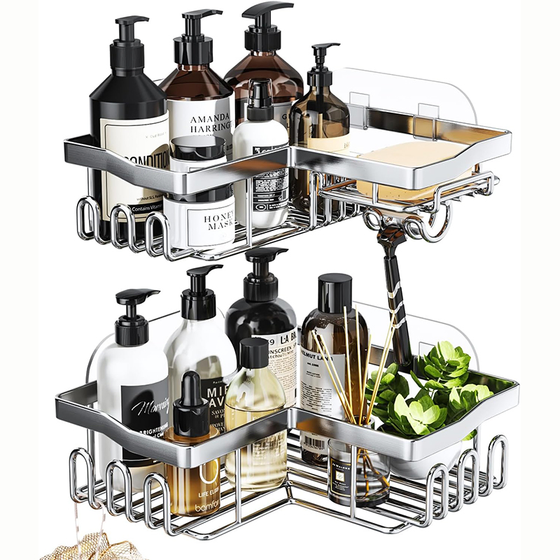 2 Pack SUS304 Stainless Steel Wall Mounted Bathroom Kitchen Bath Shower Shelf Corner Storage Rack with Soap Holder