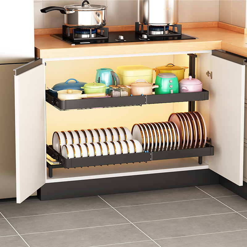 Stainless Steel Space Aluminum Kitchen Accessories Tools Spice Pantry Organizer Scalable Cabinet Pull-out Basket Seasoning Storage Rack