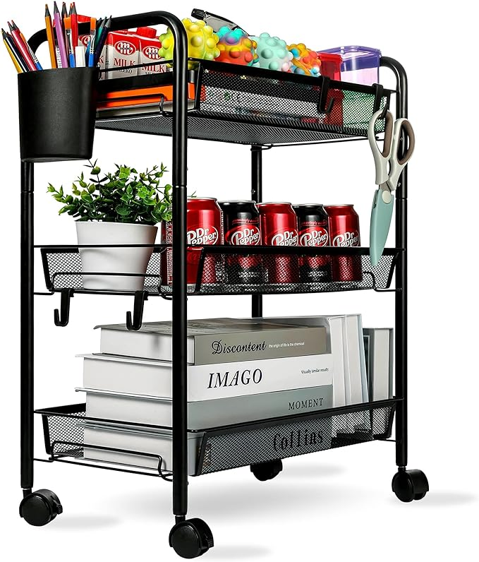 3 Tier Metal Rolling Cart Basket Kitchen Trolley Storage