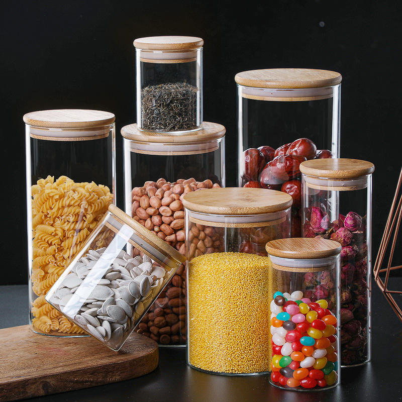 Wholesale Air-Tight Empty Kitchen Borosilicate Glass Jars Canister Container Pantry Storage Food with Bamboo Wooden Lid in Bulk