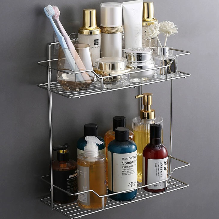2 Tier Flexible Wall Shelves Spice Rack Seasoning Organizer Stainless Steel Storage Holder with Protection Railing