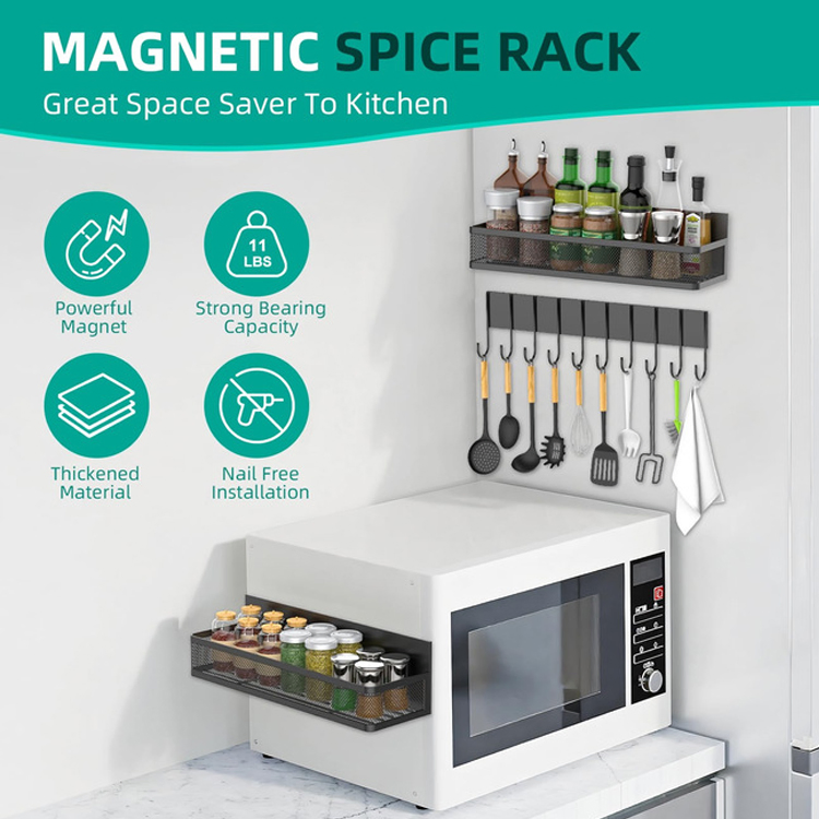 Sanipro Wall Mounted Punch-Free Magnetic Refrigerator Rack Organizer Storage Shelf Kitchen Spice Racks with Metal Hooks