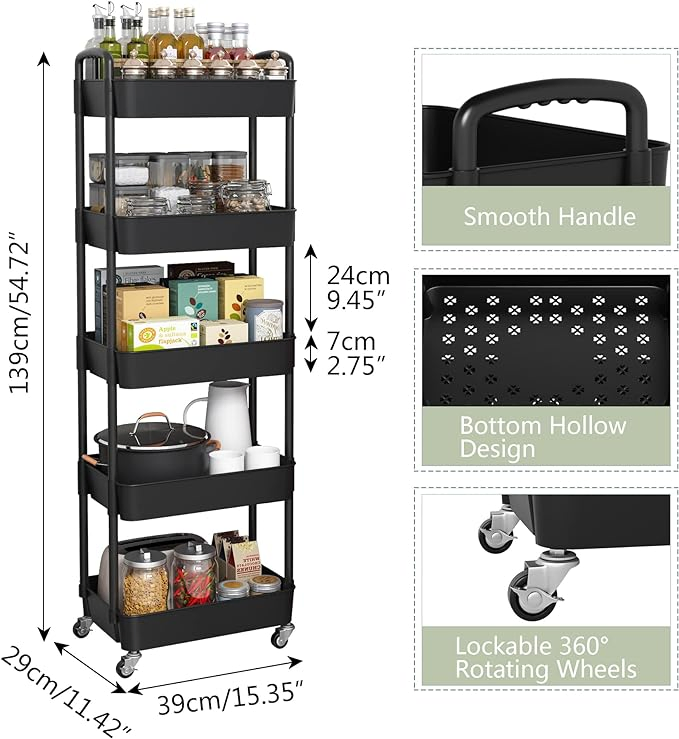 Movable Storage Organizer with Wheels Black Home Storage