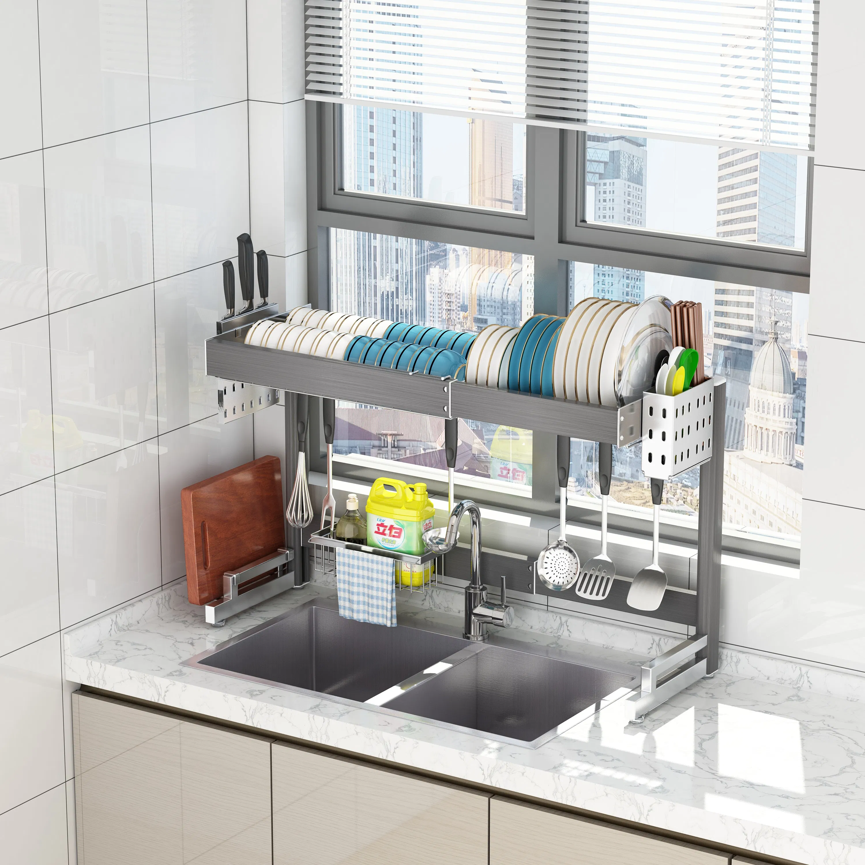 Factory High Quality Single-Tier Above-Sink Plate Bowls Storage Drainage Organization Dish Rack Drainer with Cutlery Holder