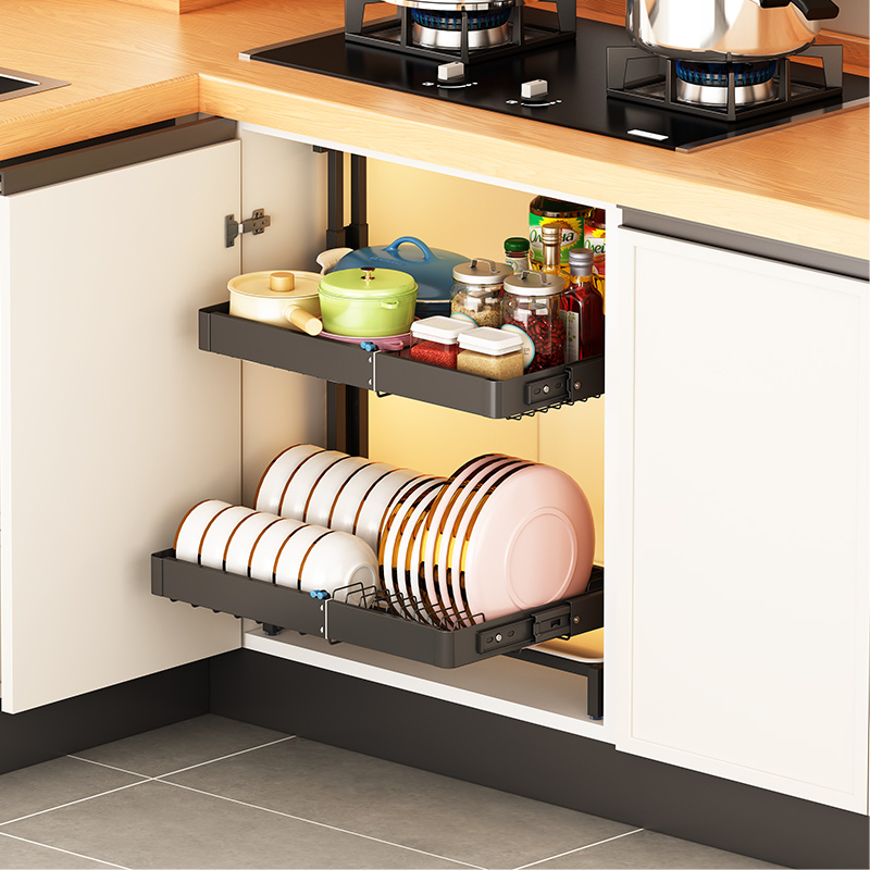 Stainless Steel Space Aluminum Kitchen Accessories Tools Spice Pantry Organizer Scalable Cabinet Pull-out Basket Seasoning Storage Rack